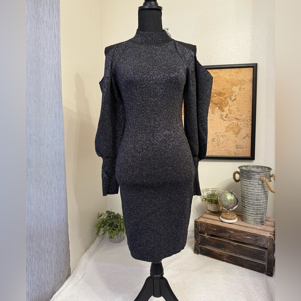 INC metallic bodycon cold shoulder dress